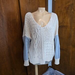 By Together Womens Sweater Cream Grey Large Mixed Media Cable Knit Fleece Cozy